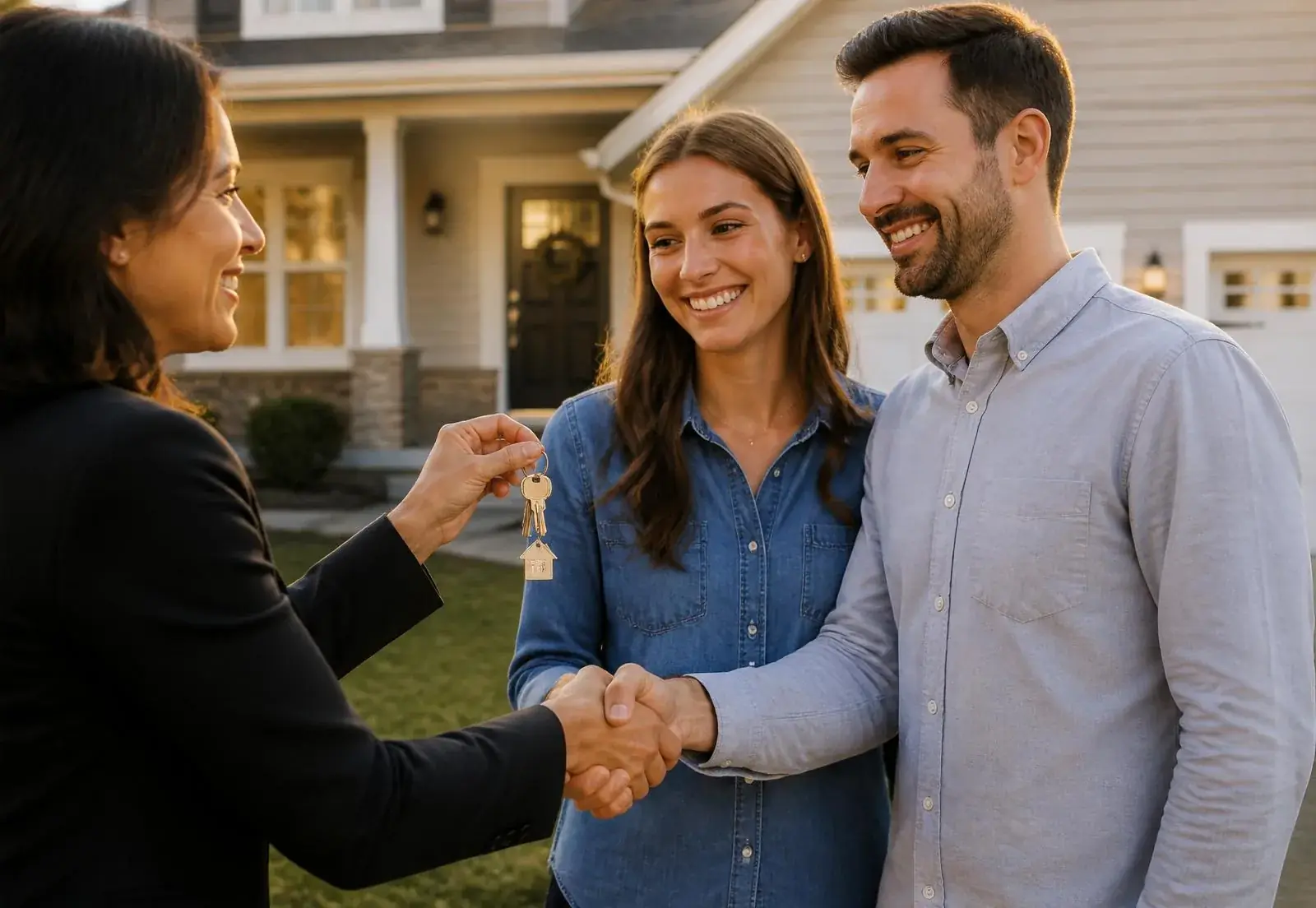A realtor handing house keys to a happy new homeowner couple in front of their Northern Virginia home